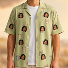 Man wearing Men's Marshmallow Mugs Custom Face Hawaiian Shirt open over a white tee