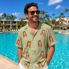 Real-life photo of someone wearing Men's Marshmallow Mugs Custom Face Hawaiian Shirt — custom faces printed all-over