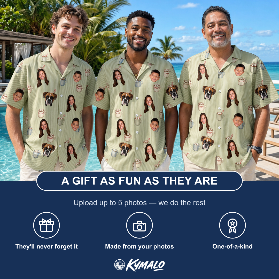 Friends in matching Men's Marshmallow Mugs Custom Face Hawaiian Shirt — a group gift photo