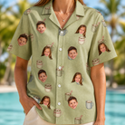 Model wearing Women's Marshmallow Mugs Custom Face Hawaiian Shirt printed with kids' faces
