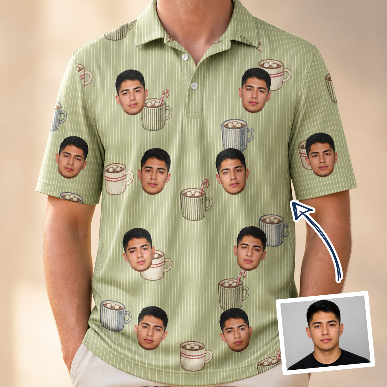 Man wearing Men's Marshmallow Mugs Custom Face Polo Shirt — custom faces printed all-over