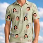 Model wearing Men's Marshmallow Mugs Custom Face Polo Shirt printed with kids' faces