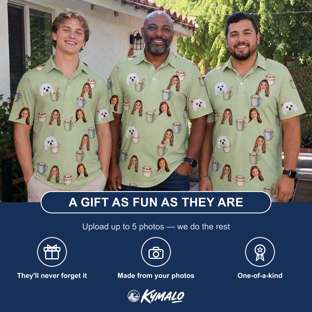 Friends in matching Men's Marshmallow Mugs Custom Face Polo Shirt — a group gift photo