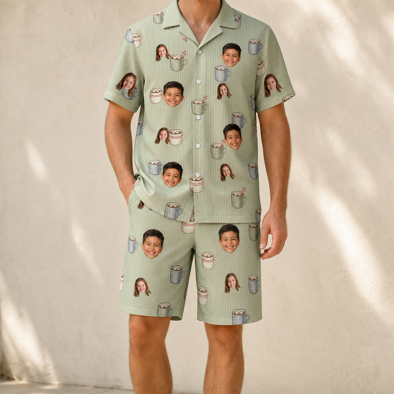 Model wearing Men's Marshmallow Mugs Custom Face Shirt & Shorts Set printed with kids' faces