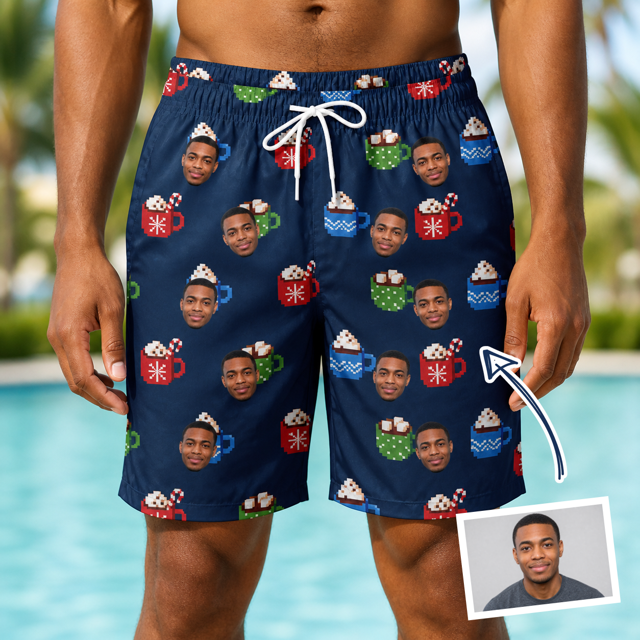Man wearing Men's Cocoa Cozy Custom Face Beach Shorts — custom faces printed all-over