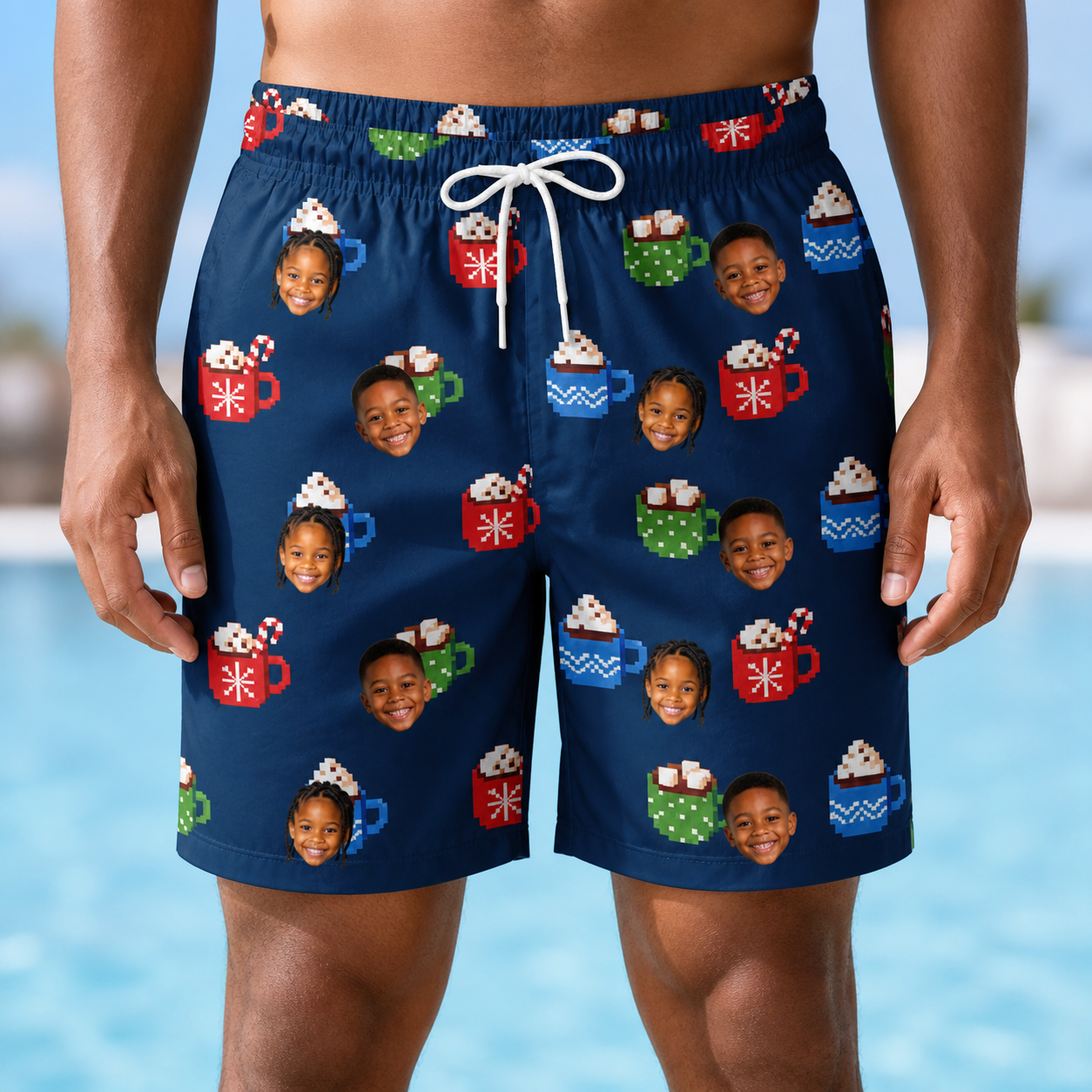 Model wearing Men's Cocoa Cozy Custom Face Beach Shorts printed with kids' faces