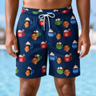 Model wearing Men's Cocoa Cozy Custom Face Beach Shorts printed with kids' faces