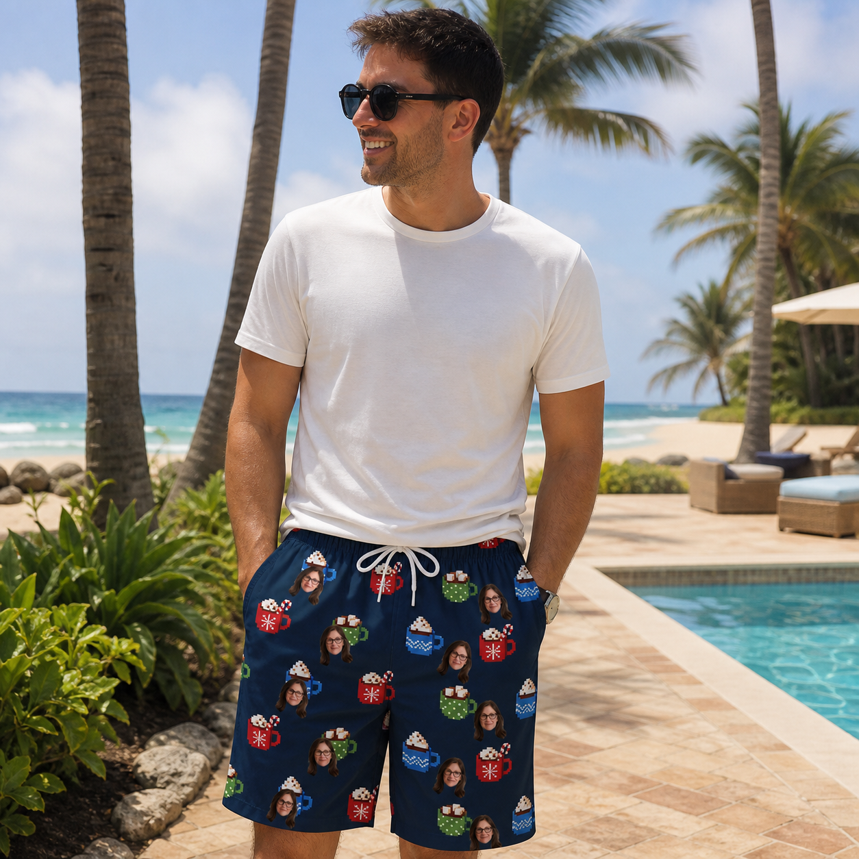 Real-life photo of someone wearing Men's Cocoa Cozy Custom Face Beach Shorts — custom faces printed all-over