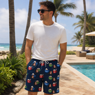 Real-life photo of someone wearing Men's Cocoa Cozy Custom Face Beach Shorts — custom faces printed all-over