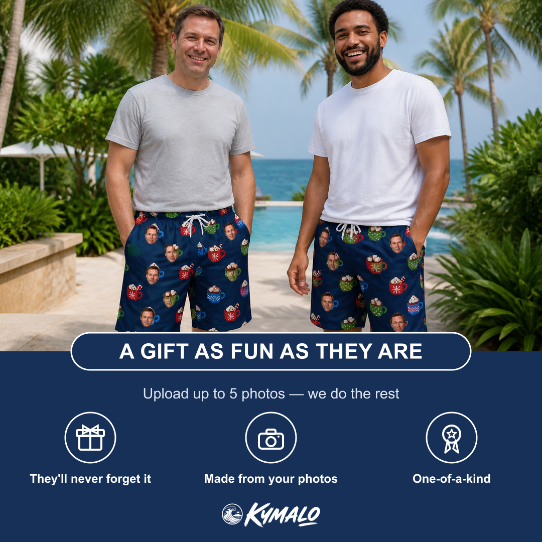 Friends in matching Men's Cocoa Cozy Custom Face Beach Shorts — a group gift photo
