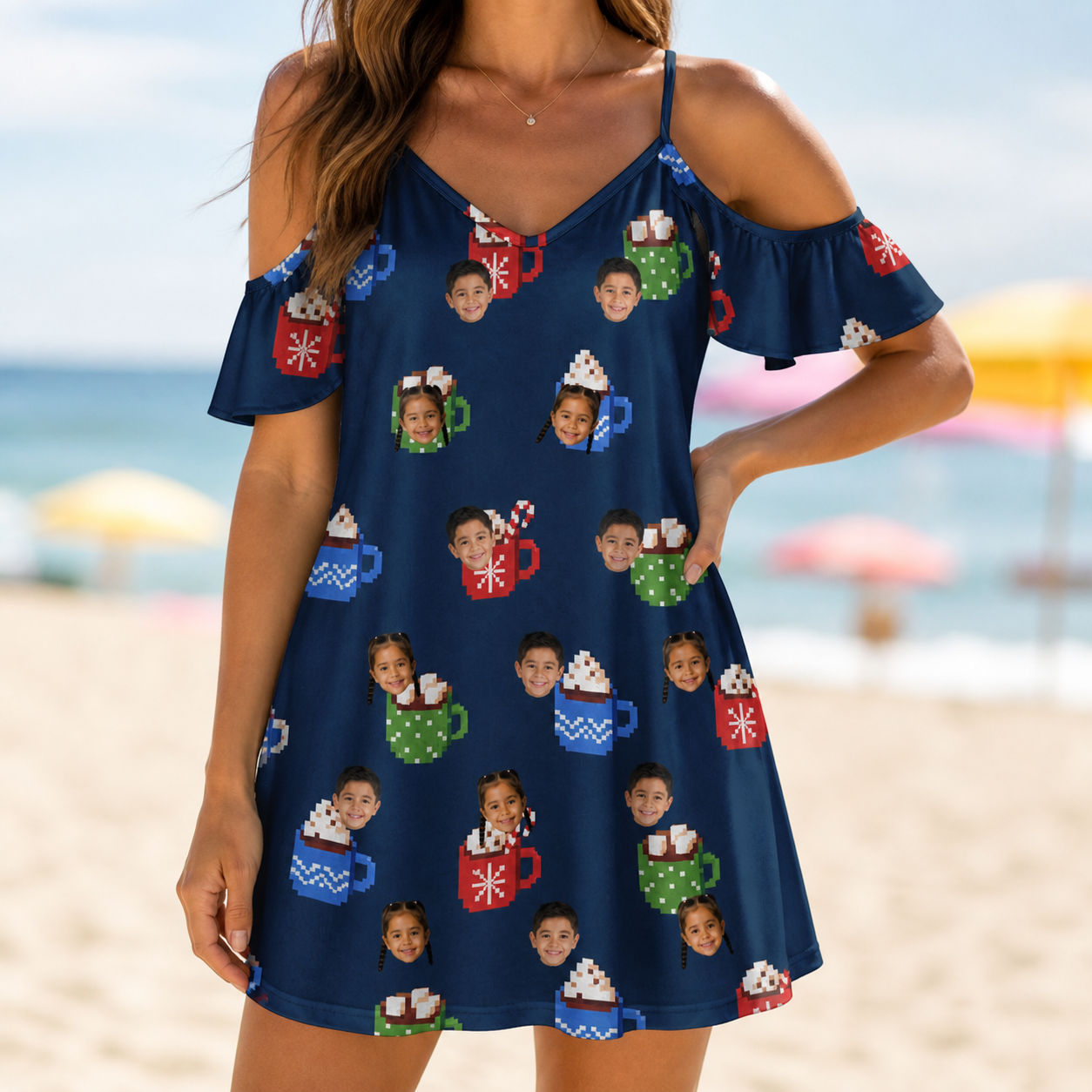 Model wearing Women's Cocoa Cozy Custom Face Off-Shoulder Dress printed with kids' faces