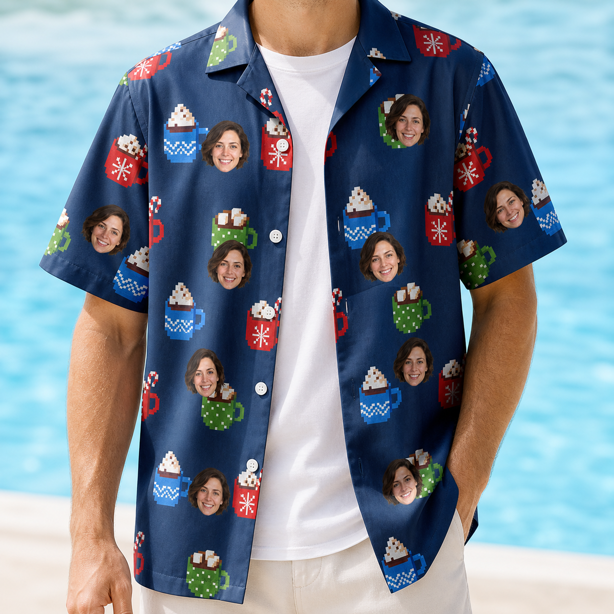 Man wearing Men's Cocoa Cozy Custom Face Hawaiian Shirt open over a white tee