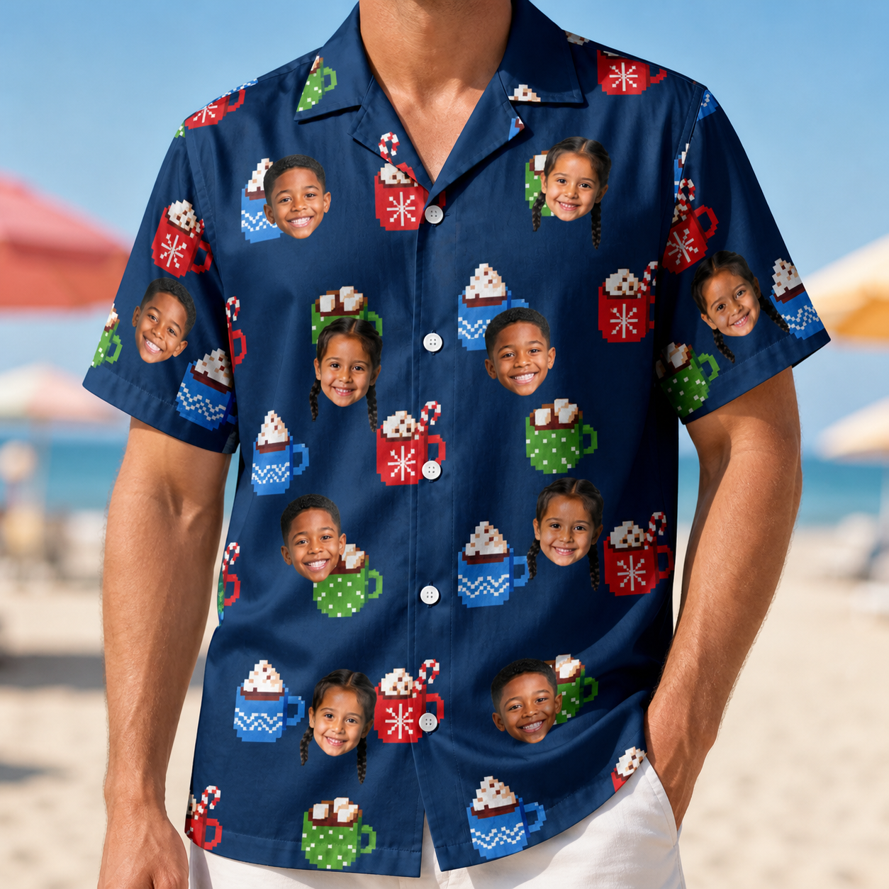 Model wearing Men's Cocoa Cozy Custom Face Hawaiian Shirt printed with kids' faces