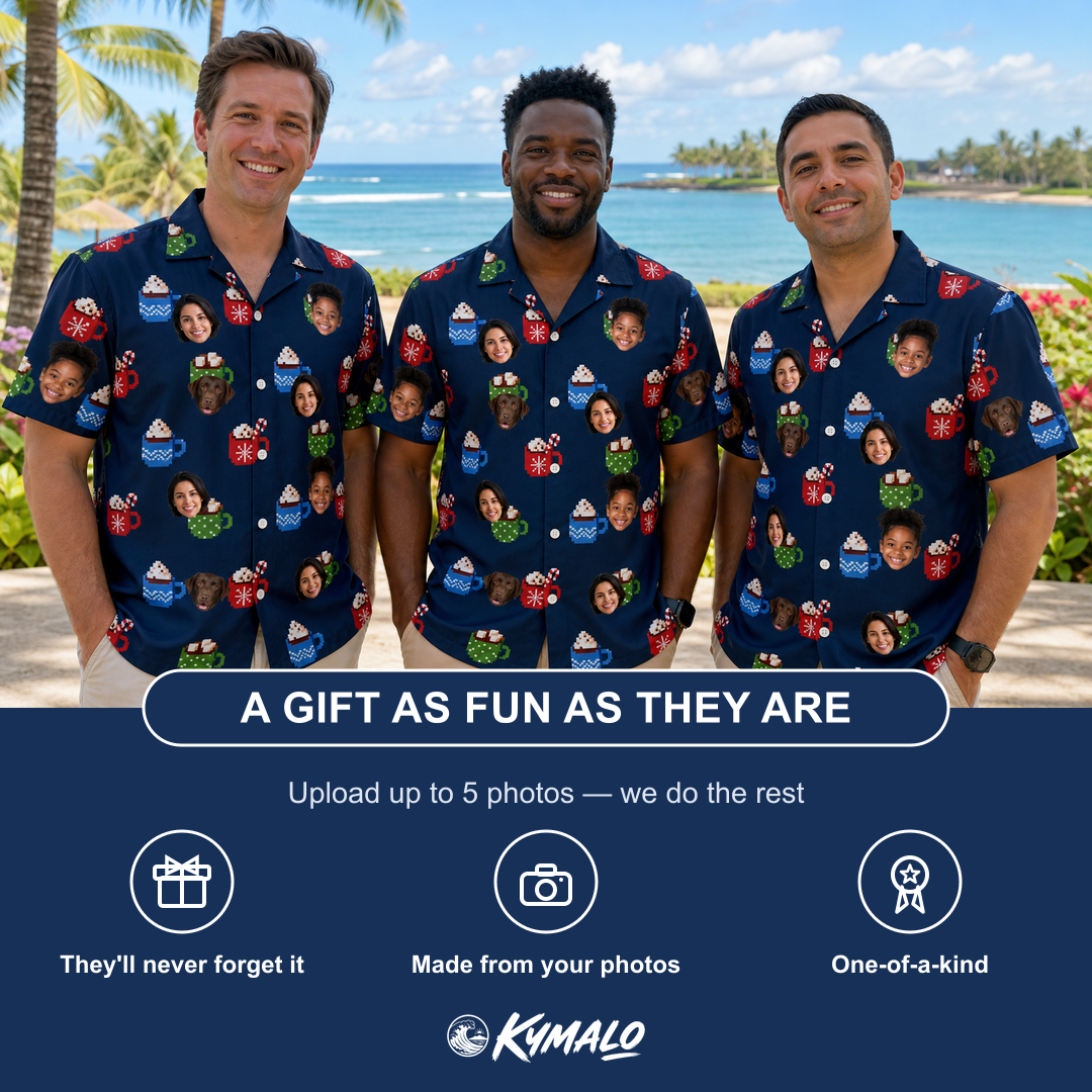 Friends in matching Men's Cocoa Cozy Custom Face Hawaiian Shirt — a group gift photo