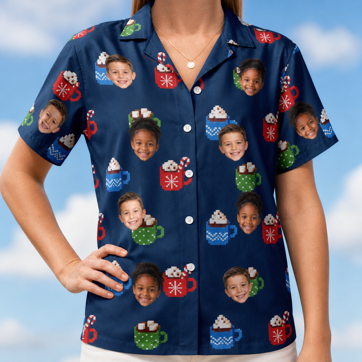 Model wearing Women's Cocoa Cozy Custom Face Hawaiian Shirt printed with kids' faces