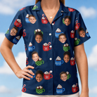 Model wearing Women's Cocoa Cozy Custom Face Hawaiian Shirt printed with kids' faces