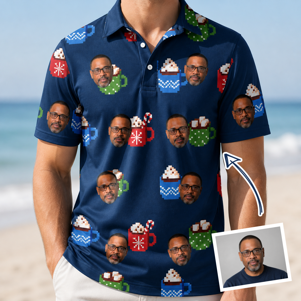 Man wearing Men's Cocoa Cozy Custom Face Polo Shirt — custom faces printed all-over