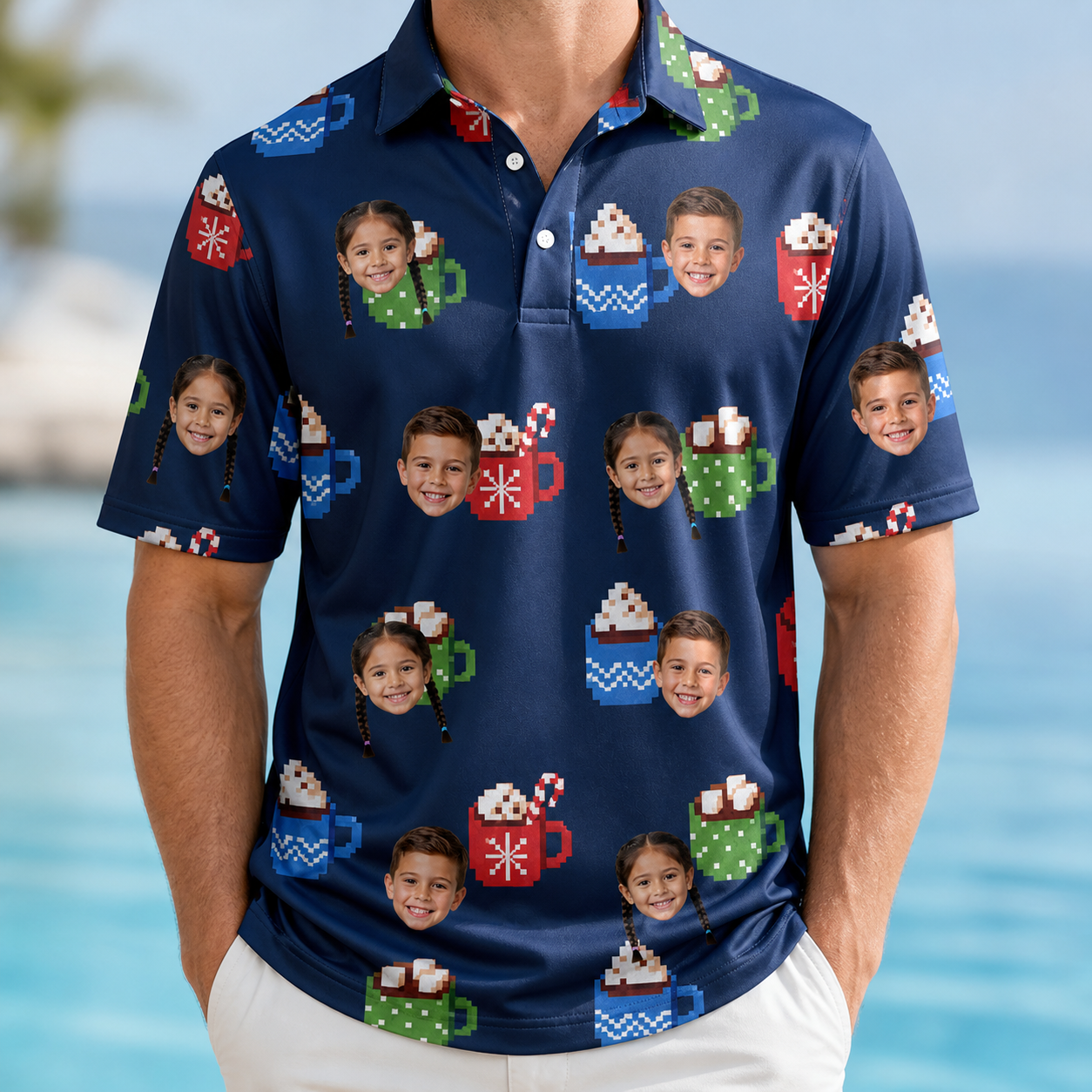 Model wearing Men's Cocoa Cozy Custom Face Polo Shirt printed with kids' faces