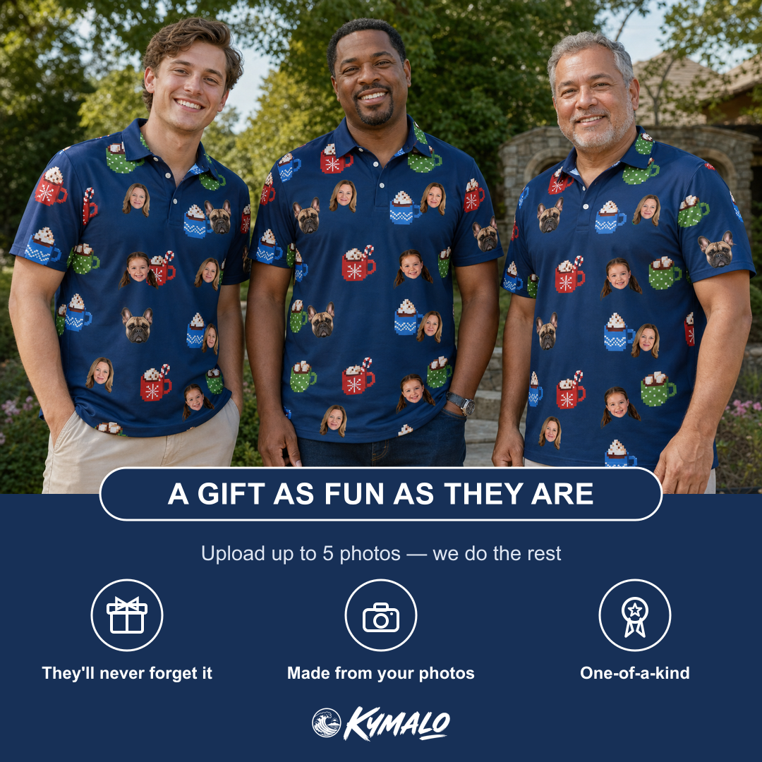 Friends in matching Men's Cocoa Cozy Custom Face Polo Shirt — a group gift photo