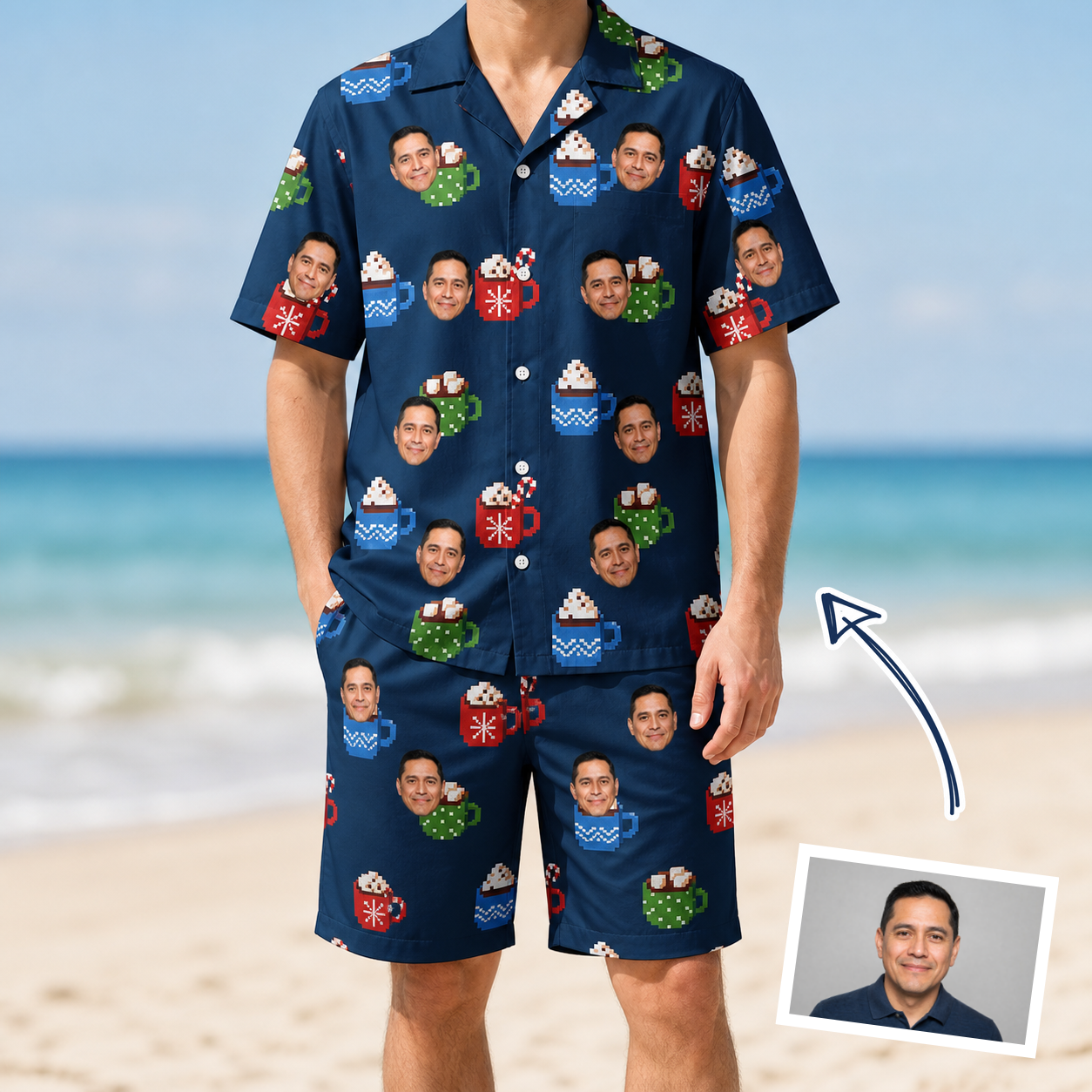 Man wearing Men's Cocoa Cozy Custom Face Shirt & Shorts Set — custom faces printed all-over
