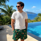 Real-life photo of someone wearing Men's Festive Foliage Custom Face Beach Shorts — custom faces printed all-over