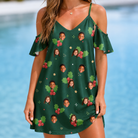Model wearing Women's Festive Foliage Custom Face Off-Shoulder Dress printed with kids' faces