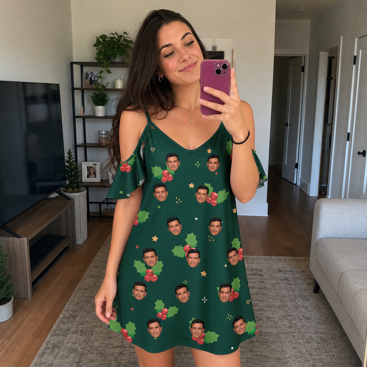 Real-life photo of someone wearing Women's Festive Foliage Custom Face Off-Shoulder Dress — custom faces printed all-over