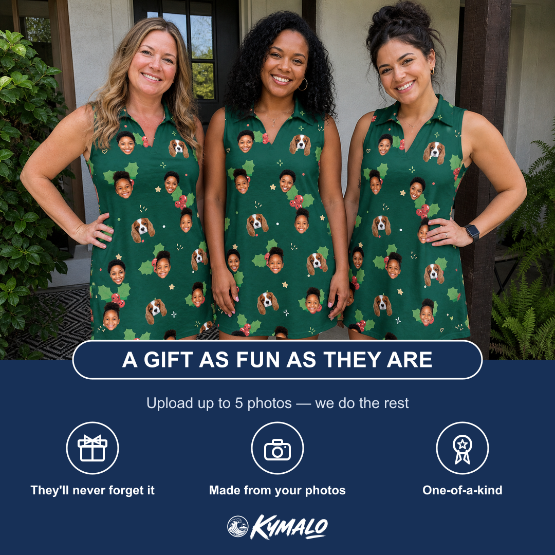 Friends in matching Women's Festive Foliage Custom Face V-Neck Dress — a group gift photo