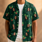 Man wearing Men's Festive Foliage Custom Face Hawaiian Shirt open over a white tee