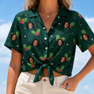 Woman wearing Women's Festive Foliage Custom Face Hawaiian Shirt tied at the waist