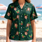 Model wearing Women's Festive Foliage Custom Face Hawaiian Shirt printed with kids' faces
