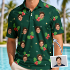 Man wearing Men's Festive Foliage Custom Face Polo Shirt — custom faces printed all-over