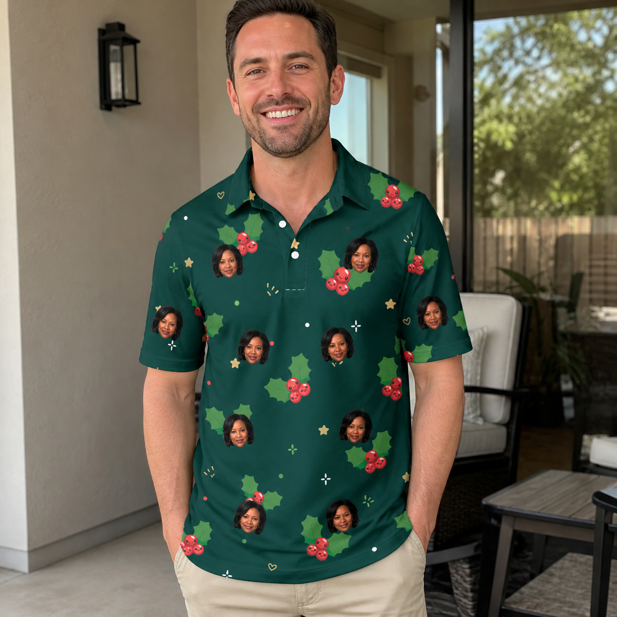 Real-life photo of someone wearing Men's Festive Foliage Custom Face Polo Shirt — custom faces printed all-over