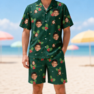 Model wearing Men's Festive Foliage Custom Face Shirt & Shorts Set printed with kids' faces