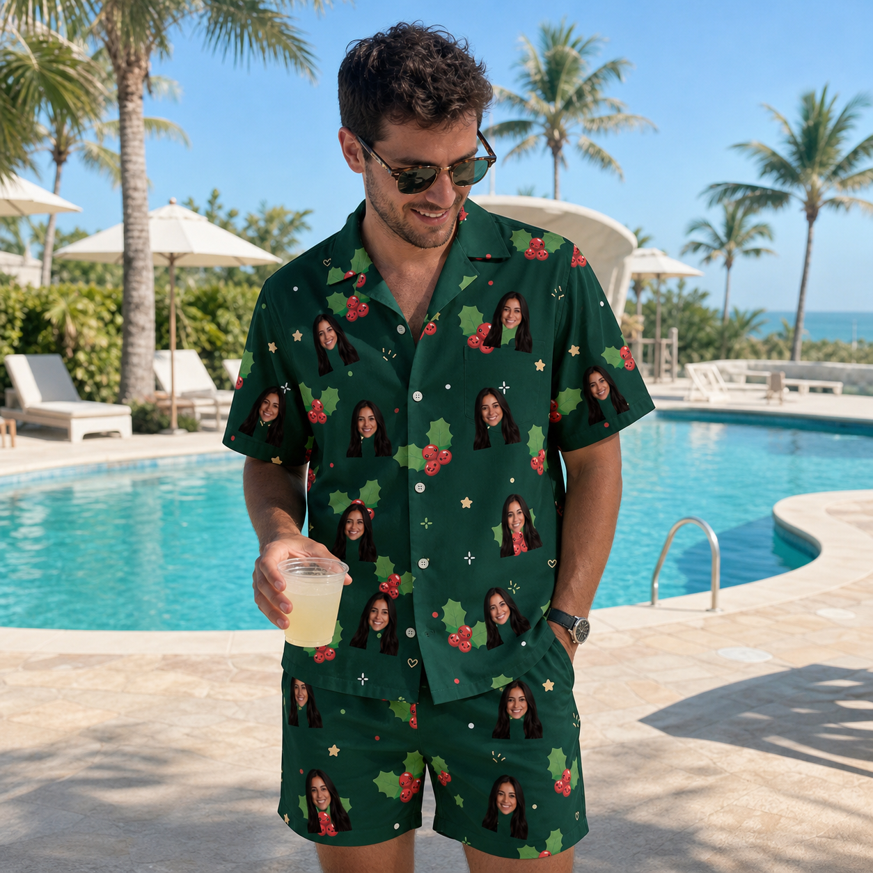 Real-life photo of someone wearing Men's Festive Foliage Custom Face Shirt & Shorts Set — custom faces printed all-over