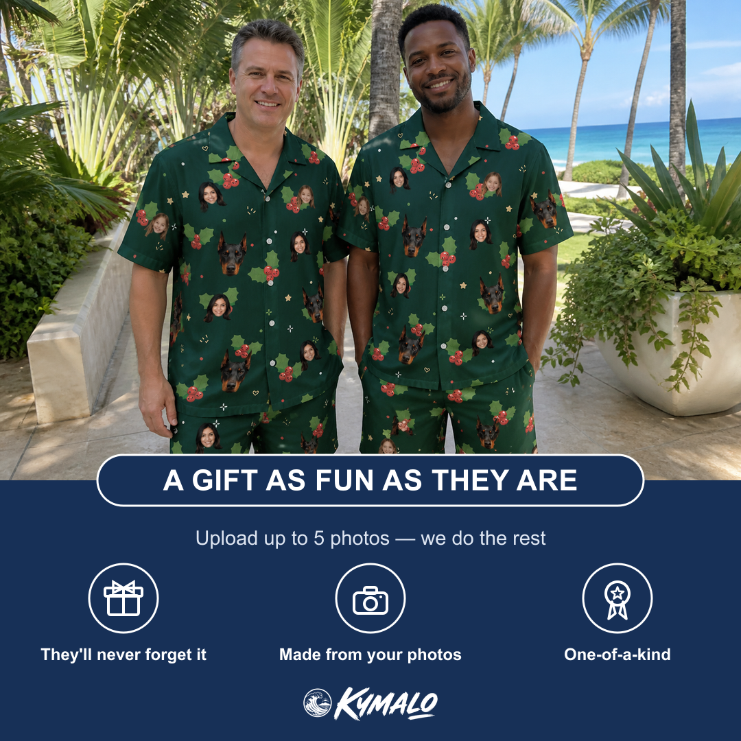 Friends in matching Men's Festive Foliage Custom Face Shirt & Shorts Set — a group gift photo