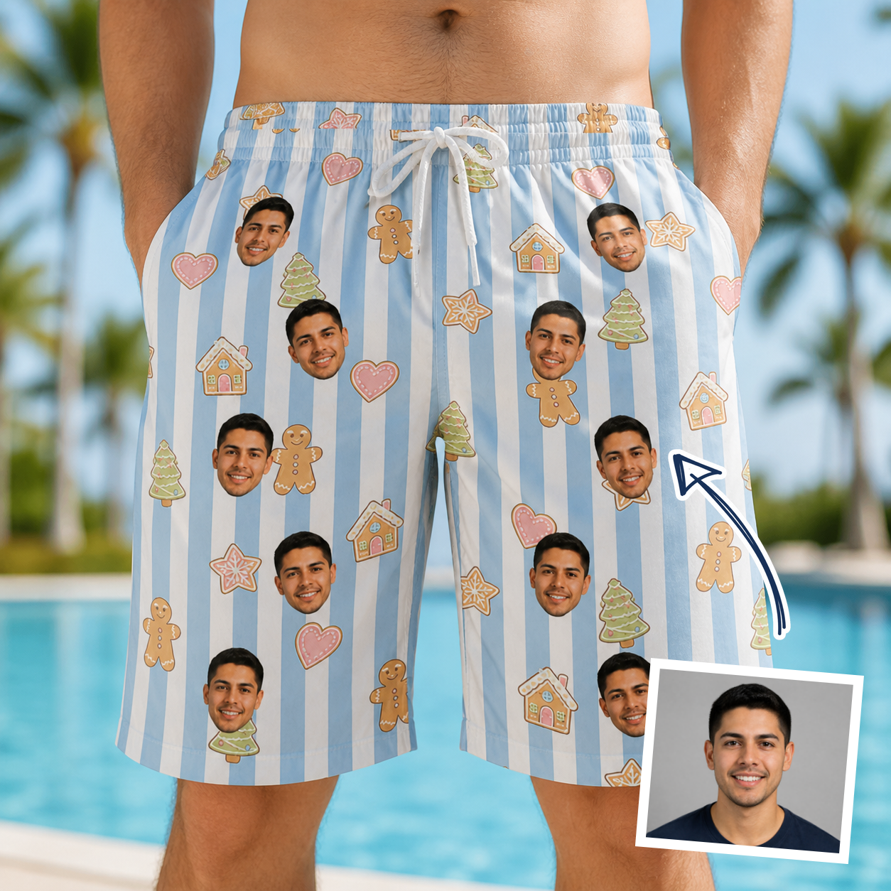 Man wearing Men's Spice Sprites Custom Face Beach Shorts — custom faces printed all-over
