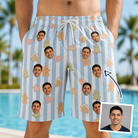 Man wearing Men's Spice Sprites Custom Face Beach Shorts — custom faces printed all-over