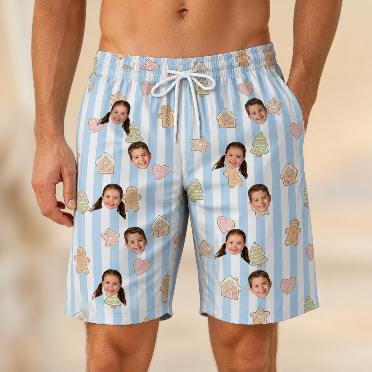 Model wearing Men's Spice Sprites Custom Face Beach Shorts printed with kids' faces