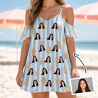 Woman wearing Women's Spice Sprites Custom Face Off-Shoulder Dress — custom faces printed all-over