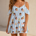 Model wearing Women's Spice Sprites Custom Face Off-Shoulder Dress printed with kids' faces