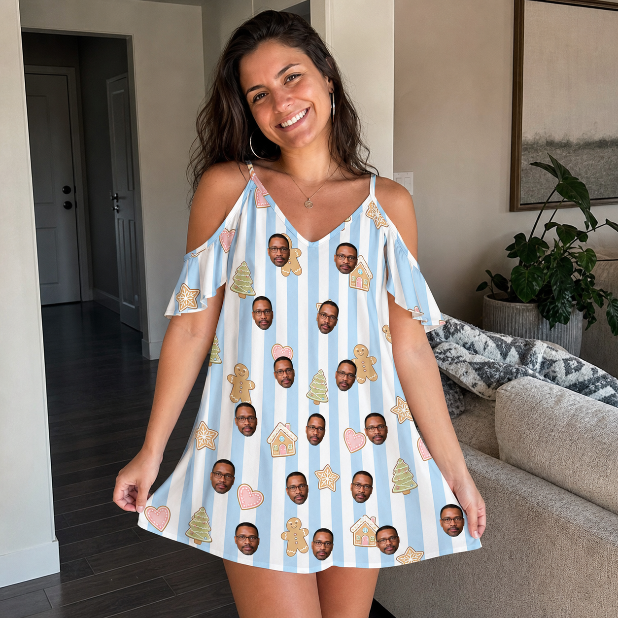 Real-life photo of someone wearing Women's Spice Sprites Custom Face Off-Shoulder Dress — custom faces printed all-over