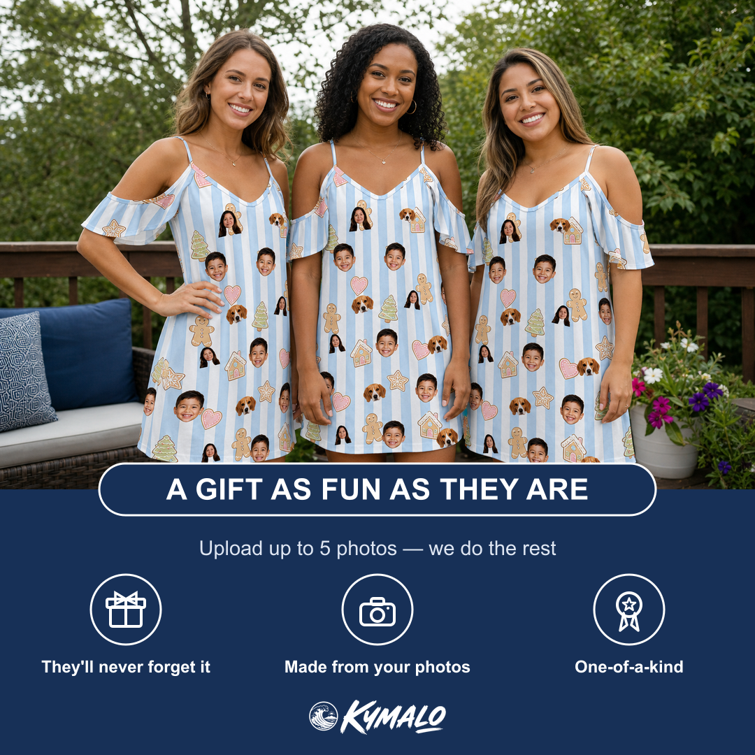 Friends in matching Women's Spice Sprites Custom Face Off-Shoulder Dress — a group gift photo
