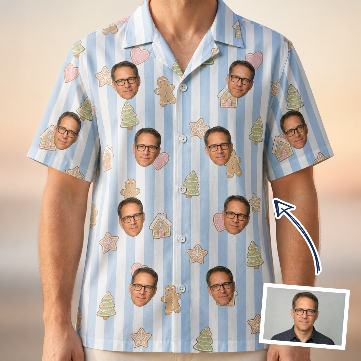Man wearing Men's Spice Sprites Custom Face Hawaiian Shirt — custom faces printed all-over