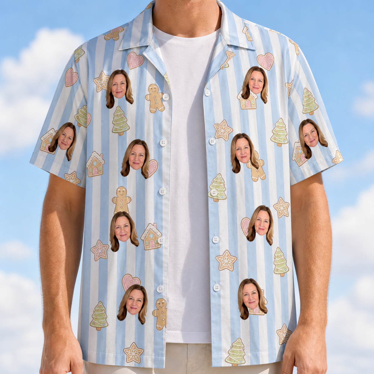 Man wearing Men's Spice Sprites Custom Face Hawaiian Shirt open over a white tee