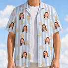 Man wearing Men's Spice Sprites Custom Face Hawaiian Shirt open over a white tee
