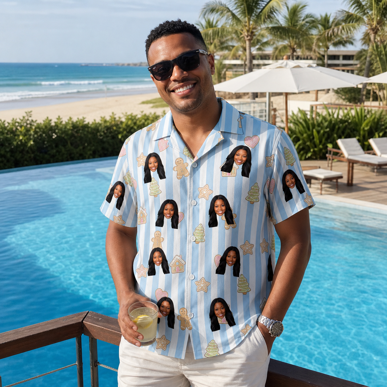 Real-life photo of someone wearing Men's Spice Sprites Custom Face Hawaiian Shirt — custom faces printed all-over