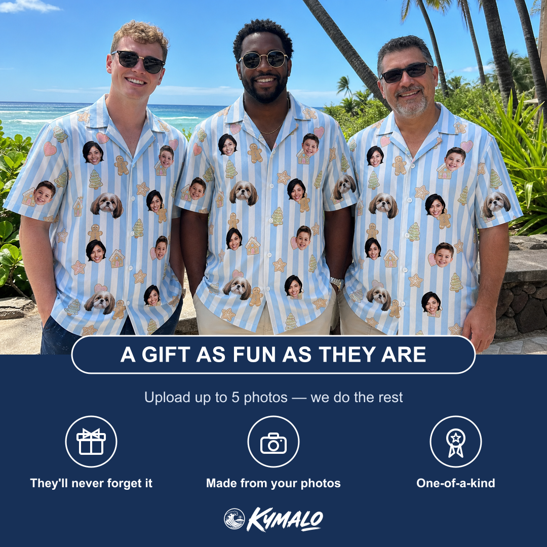 Friends in matching Men's Spice Sprites Custom Face Hawaiian Shirt — a group gift photo