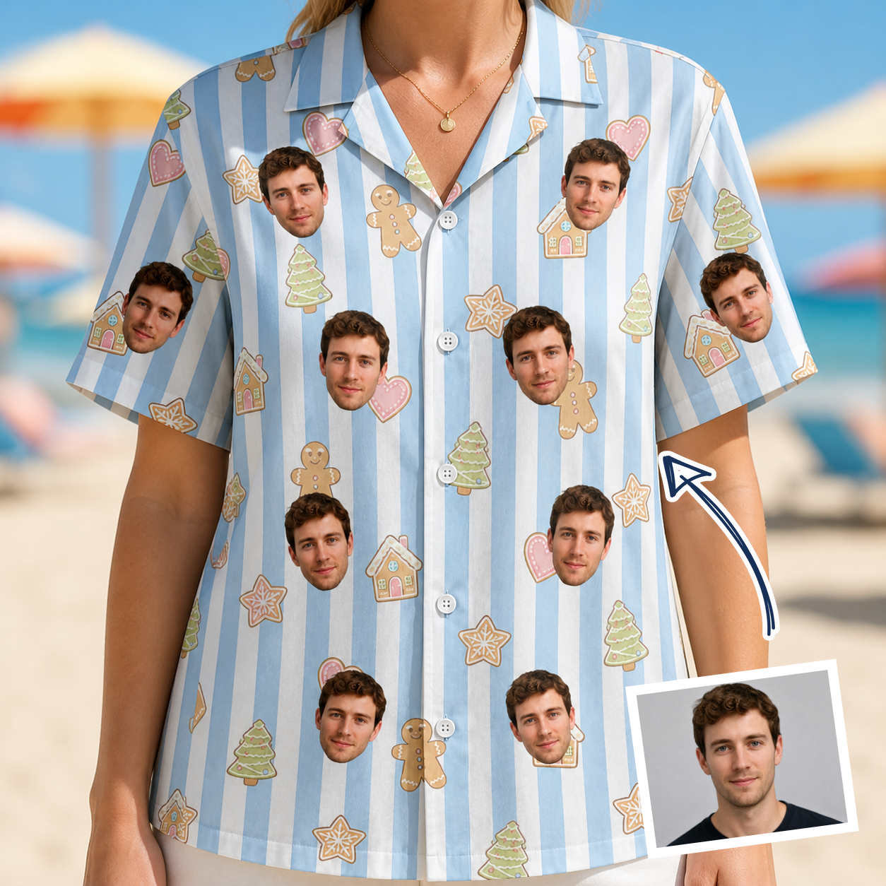 Woman wearing Women's Spice Sprites Custom Face Hawaiian Shirt — custom faces printed all-over