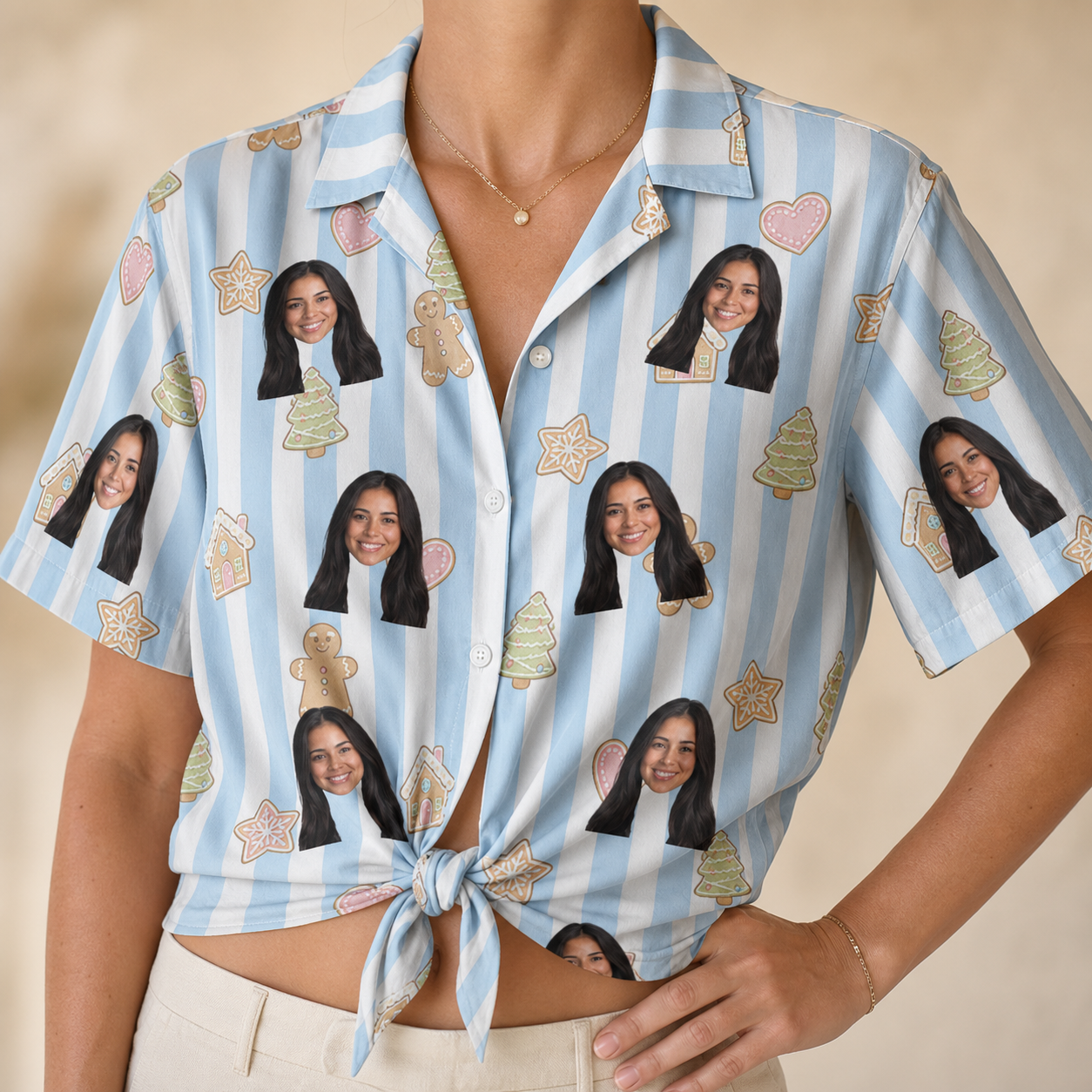 Woman wearing Women's Spice Sprites Custom Face Hawaiian Shirt tied at the waist